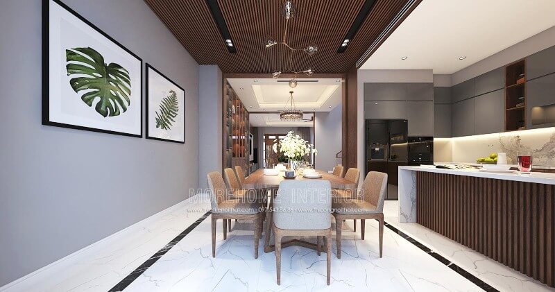 Sắp xếp nội thất phòng ăn liền bếp hiện đại đẹp sang trọng cho nhà phố, biệt thự tại Vinh, Nghệ An. Thiết kế nội thất