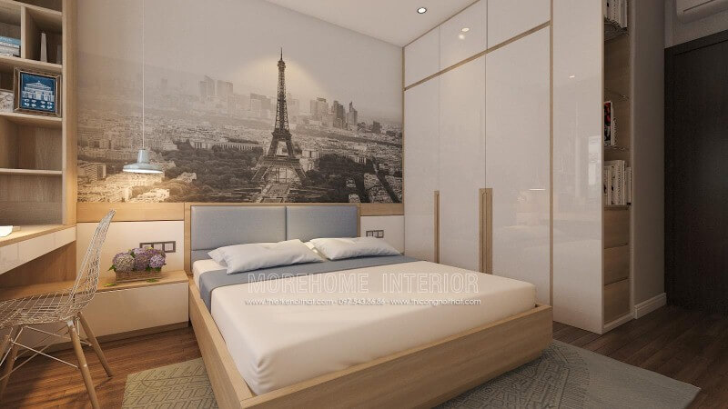 Giường bọc nệm hiện đại, tủ quần áo gỗ công nghiệp tối giản, đèn thả cùng tab đầu giường làm kệ đã tạo nên ý tưởng thiết kế nội thất phòng ngủ đẹp, hiện đại nhưng đầy tiện ghi. Thiết kế nội thất