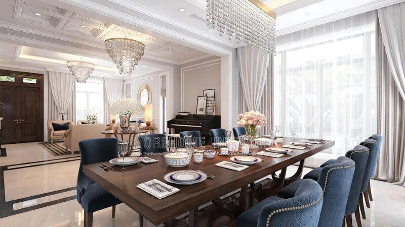 Thiết kế phòng ăn liền phòng khách đẹp, sang trọng ấn tượng với sắc xanh nổi bật từ bộ bàn ghế cùng lối thiết kế nội thất tân cổ điển quý phái. Thiết kế nội thất