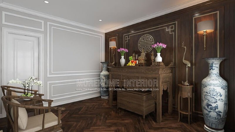 Thiết kế nội thất phòng thờ gỗ óc chó đẹp sang trọng ấn tượng từ nội thất gỗ óc chó cao cấp cùng cách kết hợp đồ khéo léo từ tủ thờ, tấm ốp tường chữ Thọ, kệ trang trí, bộ ghế bành đẹp mắt. Thiết kế nội thất