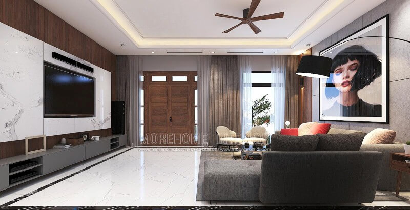 Thiết kế nội thất phòng khách hiện đại đẹp, tinh tế từ đá ốp tường vân mây, tranh treo tường nghệ thuật cùng sofa hiện đại cao cấp. Thiết kế nội thất