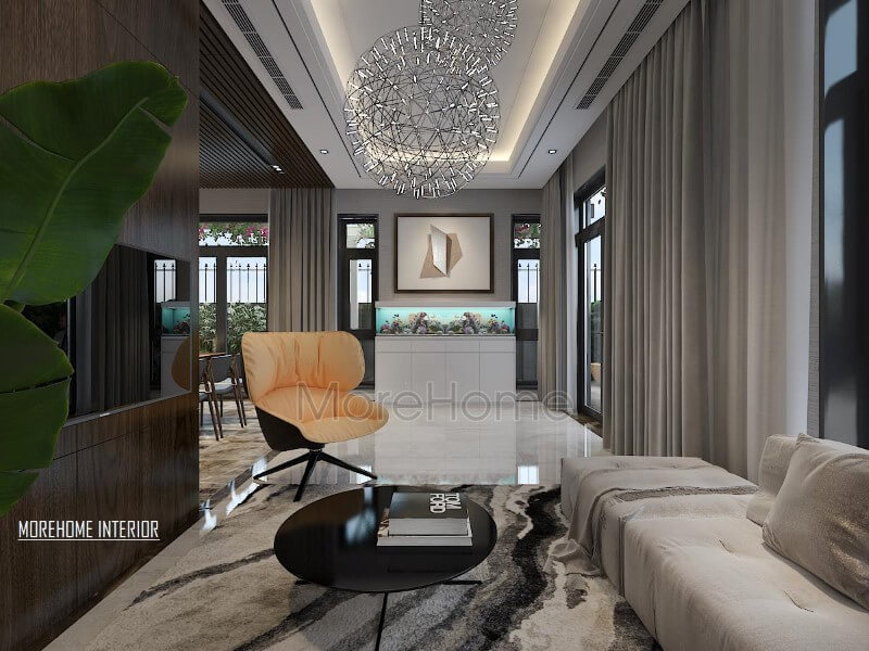 Thiết kế nội thất phòng khách hiện đại tinh tế với bể cá phong thủy. Thiết kế nội thất