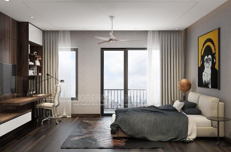 Phòng ngủ con được thiết kế theo phong cách hiện đại độc đáo nhưng khá thông thoáng từ góc học tập, cửa sổ, ban công, giường tối giản. Thiết kế nội thất