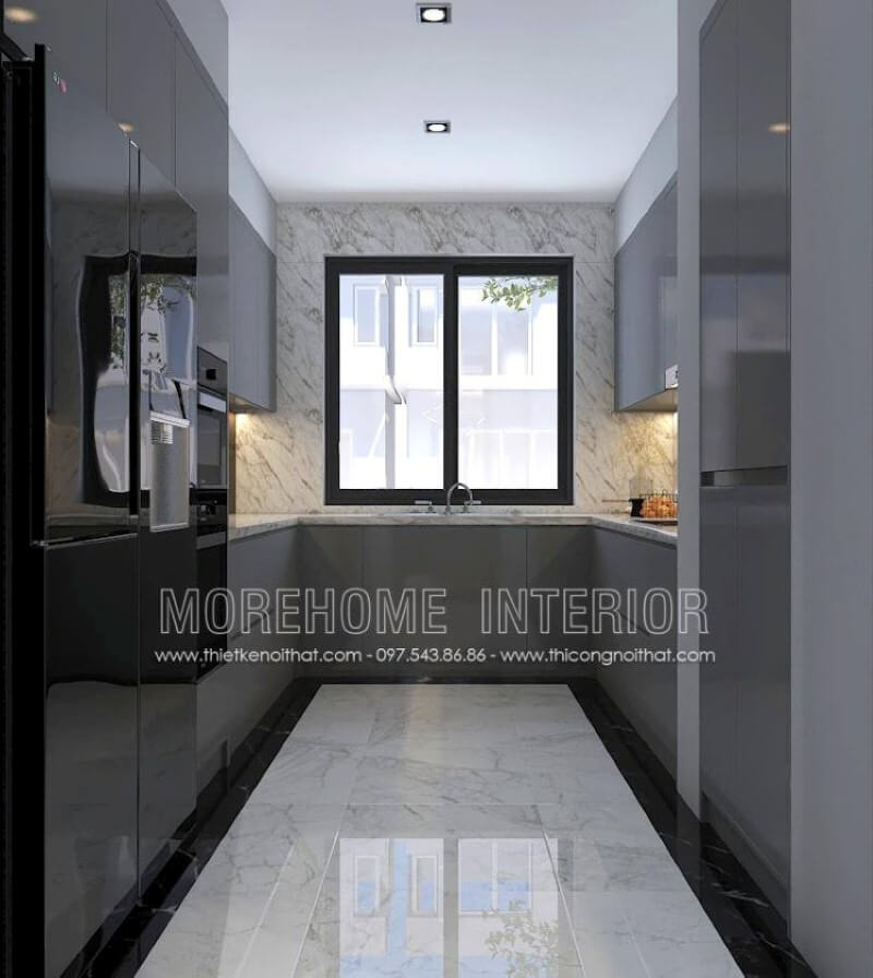 Xu hướng thiết kế nội thất phòng bếp sử dụng gỗ công nghiệp acrylic màu xám cùng mảng tường lớn được trang trí bởi đá nhân tạo có vân là điểm nhấn đáng chú ý để bạn có thể rút ngắn thời gian vệ sinh phòng bếp mà vẫn giữ nguyên vẹn vẻ đẹp như ban đầu. Thiết kế nội thất