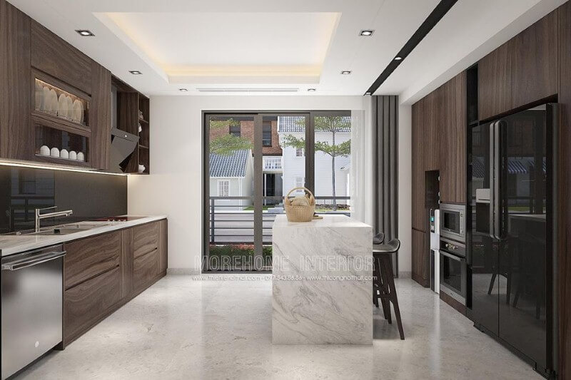 Sắp xếp phòng bếp ấn tượng với ý tưởng tận dụng tối đa nguồn sáng nhưng không ảnh hưởng phong thủy. Thiết kế nội thất