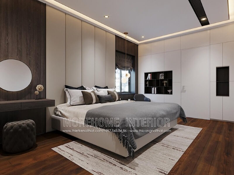 Phòng ngủ độc đáo với nội thất gỗ óc chó từ sàn, tấm ốp tường. Thiết kế nội thất