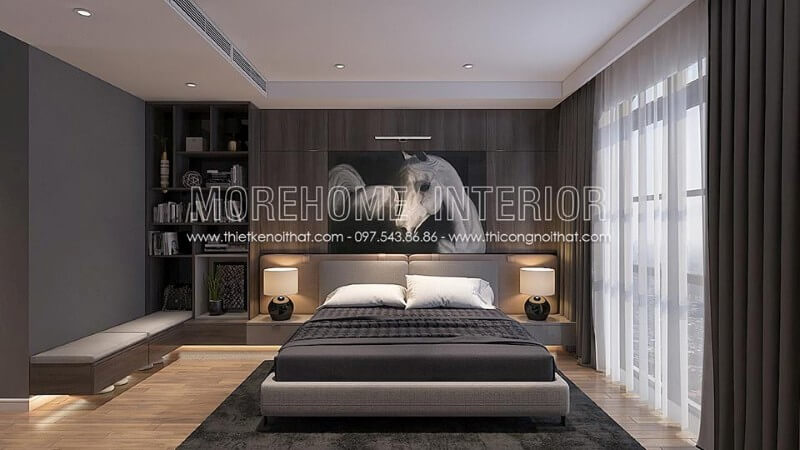 Trang trí nội thất giường ngủ nhà phố hiện đại, đơn giản, phần chân giường được thiết kế thanh mảnh với chất liệu kim loại phun sơn cách điện tạo sự vũng chãi hơn Thiết kế nội thất