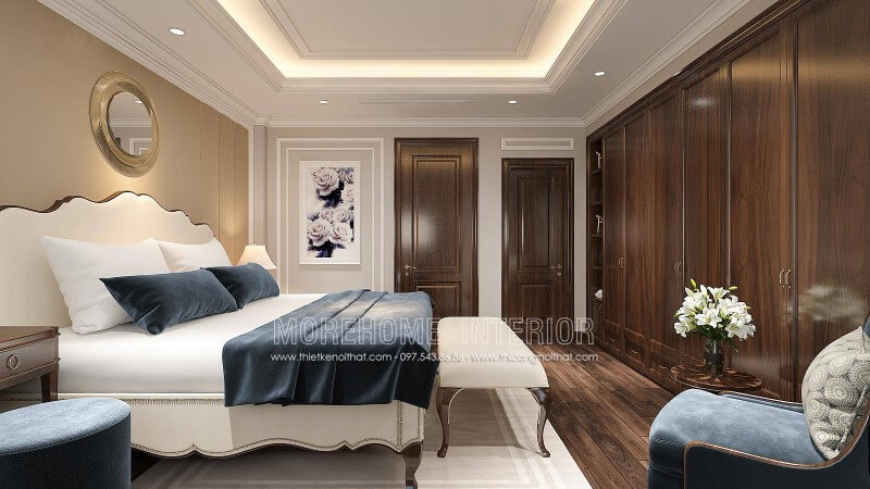 Mẫu tủ quần áo kết hợp kệ trang trí được thiết kế kịch trần gỗ tự nhiên mang lại căm giác căn phòng được rộng thoáng và sang trọng Thiết kế nội thất