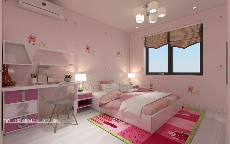 Bố trí phòng ngủ con gái đẹp, đáng yêu từ sắc hồng điểm nhấn. thiết kế chung cư