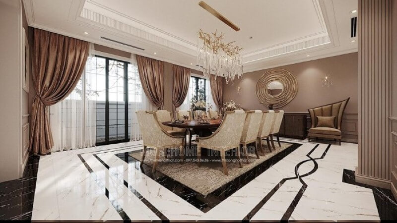 Bộ bàn ăn 10 người đẹp, sang trọng với hoa văn trang trí đẹp mắt tạo điểm nhấn ấn tượng cho không gian đương đại. Thiết kế nội thất
