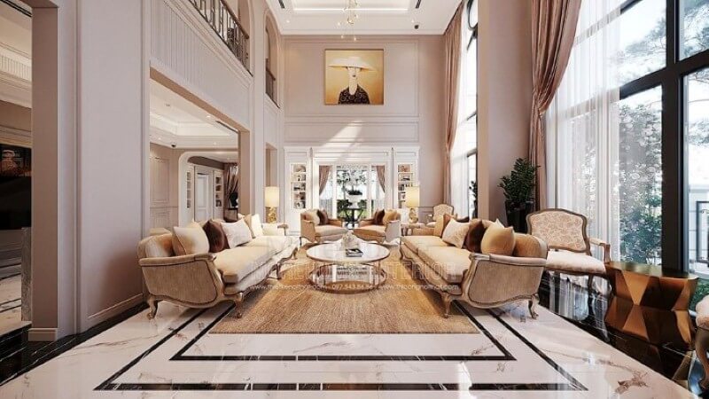 Sắp xếp nội thất phòng khách thông tầng biệt thự tân cổ điển cao cấp tại Vinhomes Imperia Hải Phòng. Thiết kế nội thất