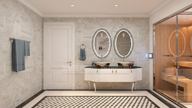 Bố trí phòng tắm ấn tượng với gương đèn led hắt sáng hình elip cao cấp. Thiết kế nội thất