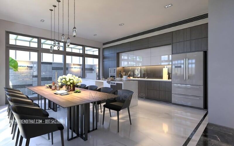Bàn ghế ăn hiện đại đẹp sang trọng với sự kết nối đồng điệu giữa chiếc bàn gỗ chân sắt sang trọng cùng bộ 8 ghế sẫm màu. Thiết kế nội thất