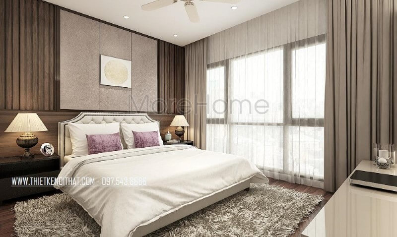 Giường ngủ bọc nệm màu sữa cùng họa tiết trang trí đẹp mắt từ các nút nệm cùng đường nét uốn lượn đầu giường tạo điểm nhấn độc đáo cho phòng ngủ master hiện đại. Thiết kế nội thất