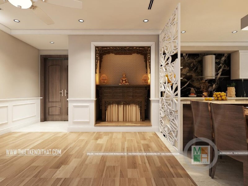 Mẫu thiết kế chung cư đẹp với khu thờ cúng trang trọng được tách biệt với khu bếp ăn qua vách cnc phòng thờ cao cấp giúp tiết kiệm được không gian diện tích mà mang lại sự tinh tế cho căn nhà thiết kế chung cư