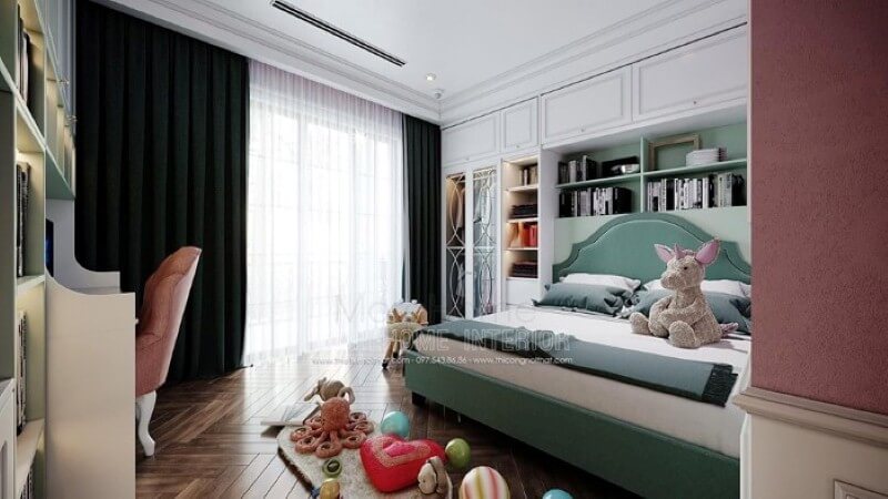 Sắp xếp nội thất phòng ngủ con gái ấn tượng với bố trí giường ngủ, kệ tủ trang trí khoa học giúp không gian thông thoáng tối đa nhưng vẫn đảm bảo công năng, tính thẩm mỹ. thiết kế chung cư