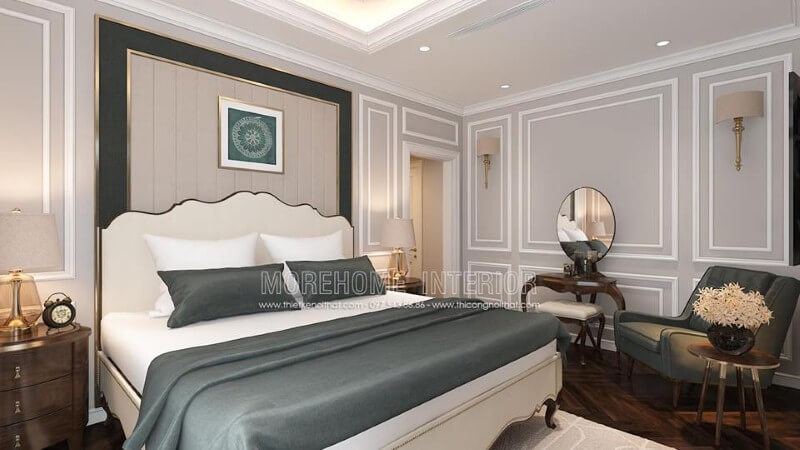 Giường ngủ gỗ tự nhiên kết hợp cùng nệm ốp đầu giường viền kim loại mạ vàng đã tạo nên vẻ đẹp sang trọng, quý phái cho phòng ngủ tân cổ điển cao cấp. thiết kế chung cư