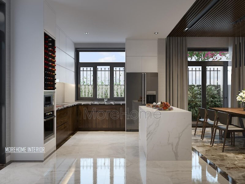 Thiết kế nội thất phòng bếp hiện đại, đẹp, thông thoáng nhưng độc lập phòng ăn bởi cách bố trí khéo léo từ bàn đảo bếp. Thiết kế nội thất